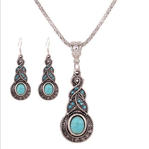 Parure collier et boucles doreille de style vintage pour femme en turquoise reconstitu/ée rouge