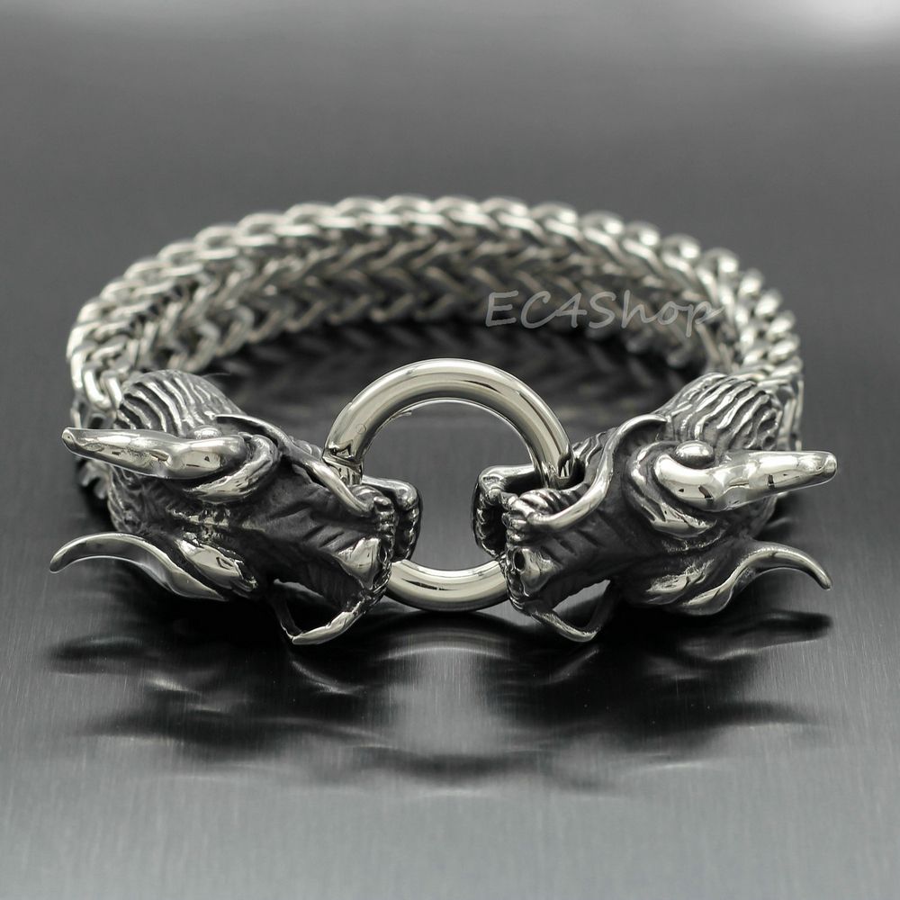 9" Men's Heavy Dragon Heads Silver Stainless Steel Franco Cuban Chain Bracelet 