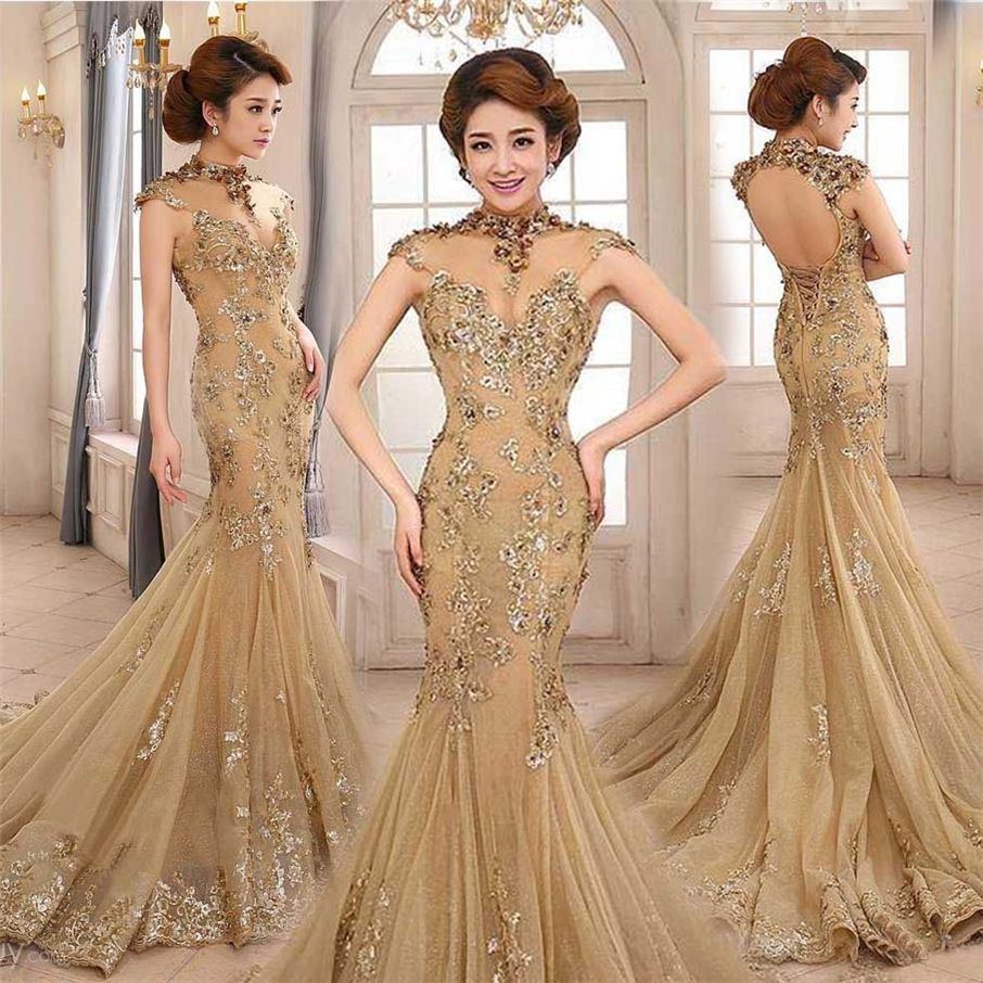 Acheter Vintage 2019 Champagne Mermaid Prom Dress Sheer High Col Cutouts Backless Cap Sleeve Robe De Soiree Avec Appliques Paillettes De 90 03 Du Deerway123 Dhgate Com