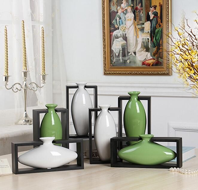 Modern Egg Shape With Wood Frame Ceramic Vase For Home Decor Tabletop