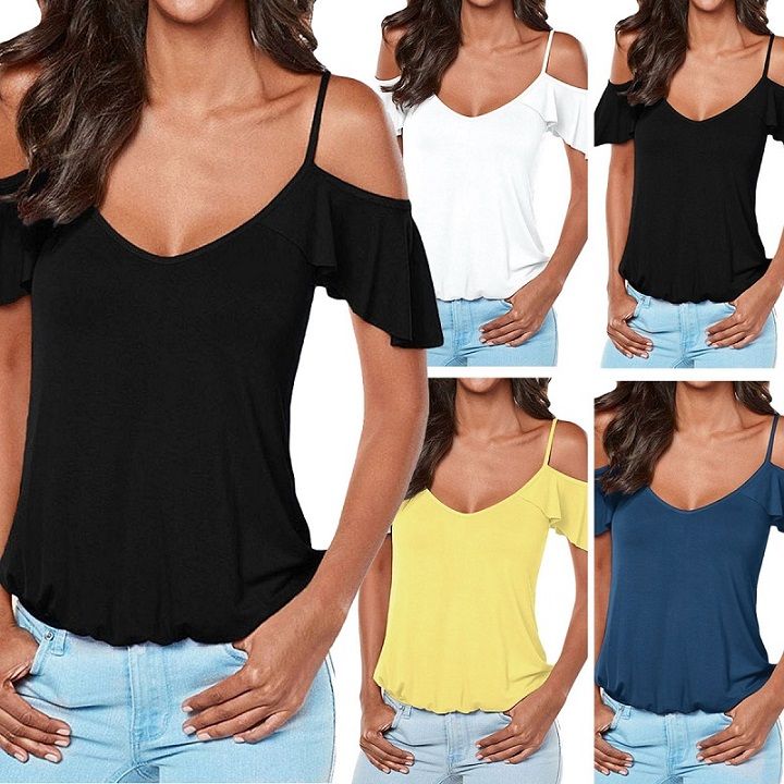 Summer Women Sexy Cut Off Cold Shoulder Ruffle Shirt Blouse Cross Back ...