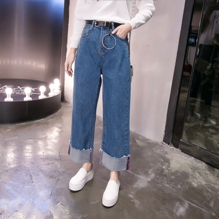 Pantalones rectos de las Pantalones vaqueros de cintura alta borde ancho de la pierna de Jean más pantalones de tamaño Jeans casuales