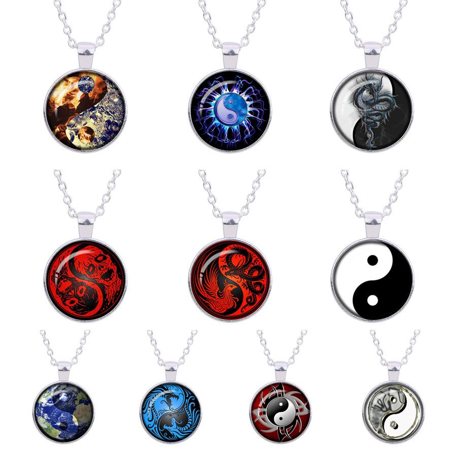 Yin Yang Butterfly 20" Silver Tone Chain Glass Cabochon Pendant Necklace Yin Yang Butterfly 20" Silver Tone Chain Glass Cabochon Pendant Necklace