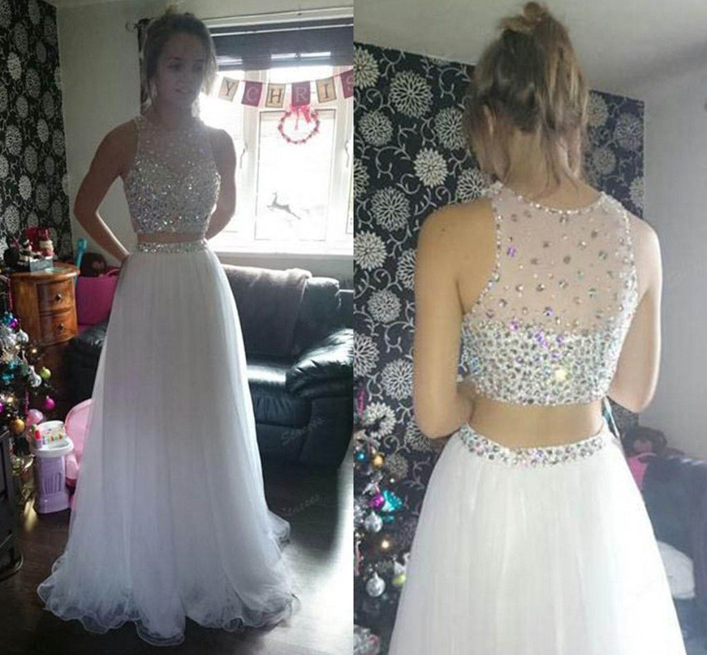 Gorgeous Crystal Tulle White Two Piece Prom Dresses Sheer Neck