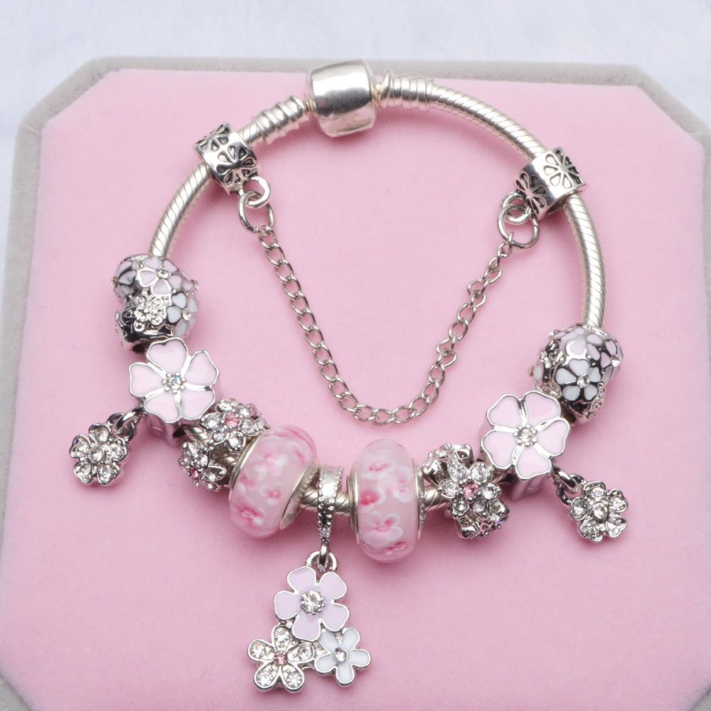 Pandora Style Bracelet Pink Beads Charm Bracelets For Women Flower