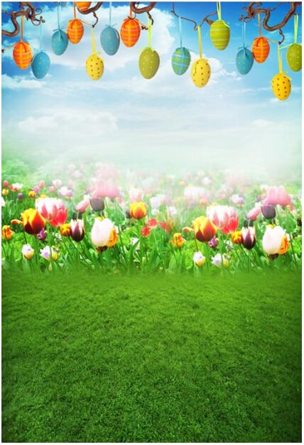 Haoyiyi 10x8ft Spring Easter Eggs Backdrop Green Grass Grassland Blue Sky Cloud Bokeh Flower Floral Background Photography Baby Child Show Birthday Photo Party Decoration Photographer Banner 