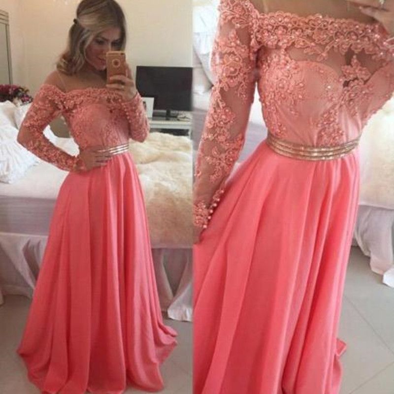 Vestidos De Fiesta Una Línea Melón De Agua Manga Larga Vestidos De Noche Formales Apliques Nuevo Estilo Drapeado Con Cuentas Moderno Por Encargo De 86,34 € | DHgate