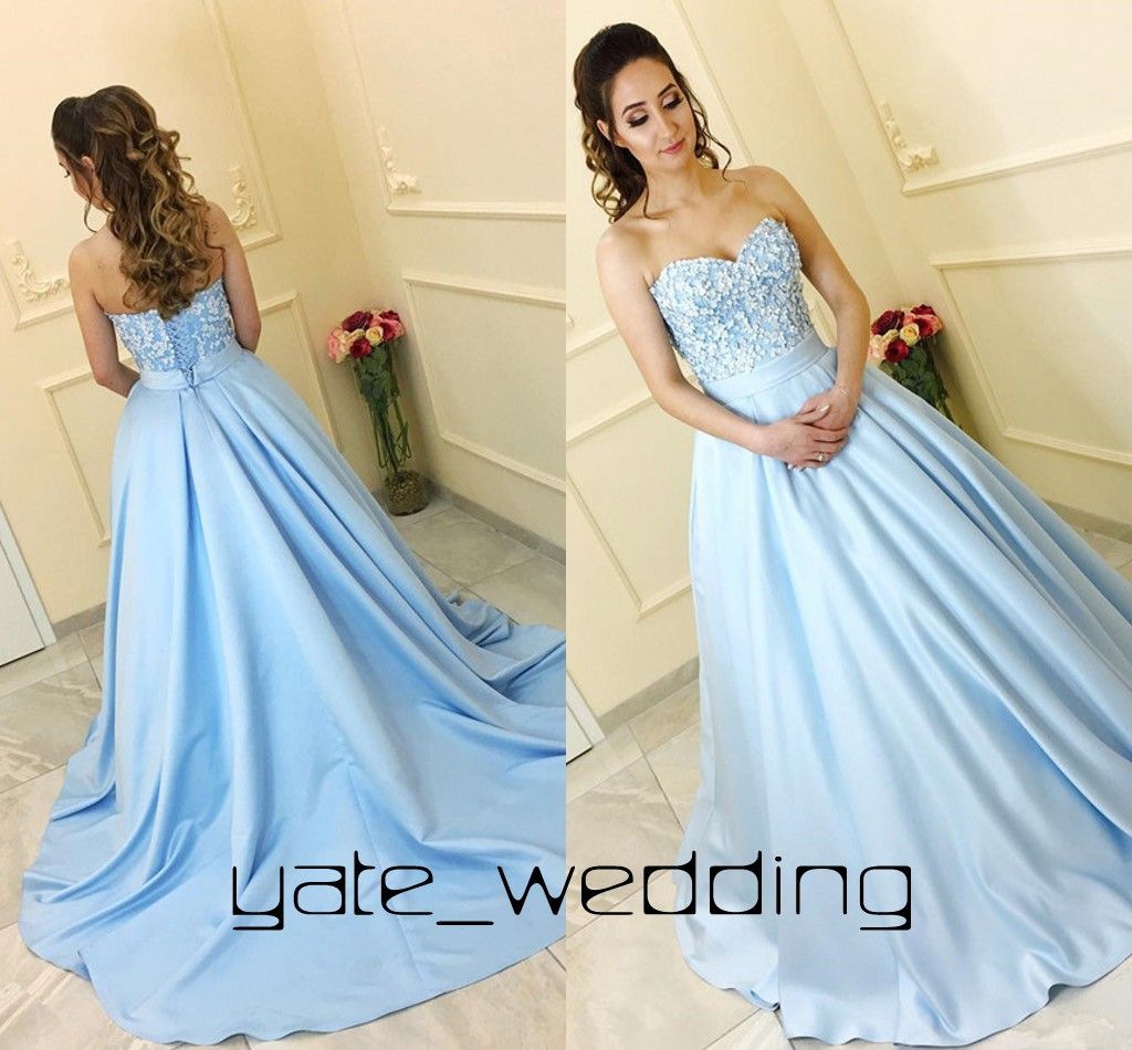 Baby Blue Ball Gown Prom Dresses Sweetheart Ribbon Sash