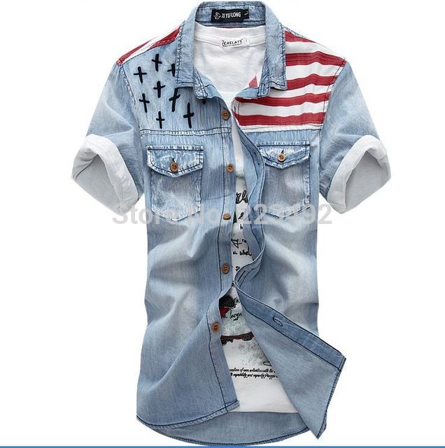 Venta al por mayor- 2016 Nuevo Vintage Moda Moda Moda American Bandera Denim Camisa de manga corta Luz azul Jeans Camisa Envío gratis Calidad superior