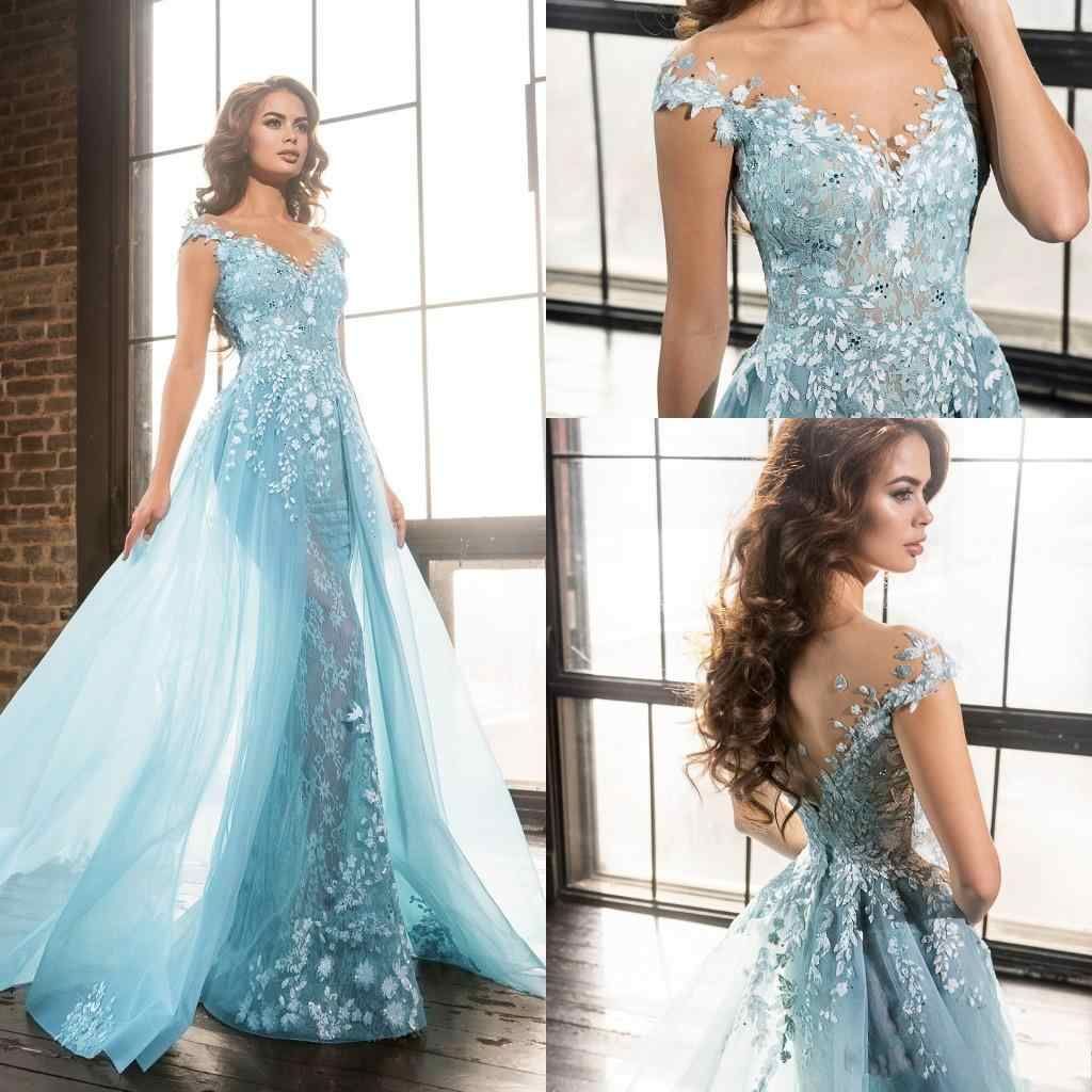 2019 Light Sky Blue Prom Dresses Lace Applique Evening Dresses V