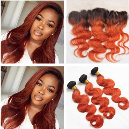 Brazilian Orange Ombre Virgin Human Hair Weaves With Frontal