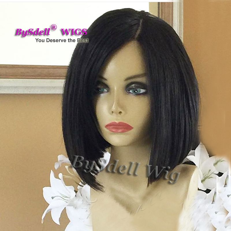 Chic Blunt Cut Short Bob Straight Hairstyle Wig Synthetic Black Hair Side Part Saclp Wigs For Black Woman Full Lace Wigs Uk Dying Synthetic Wigs From