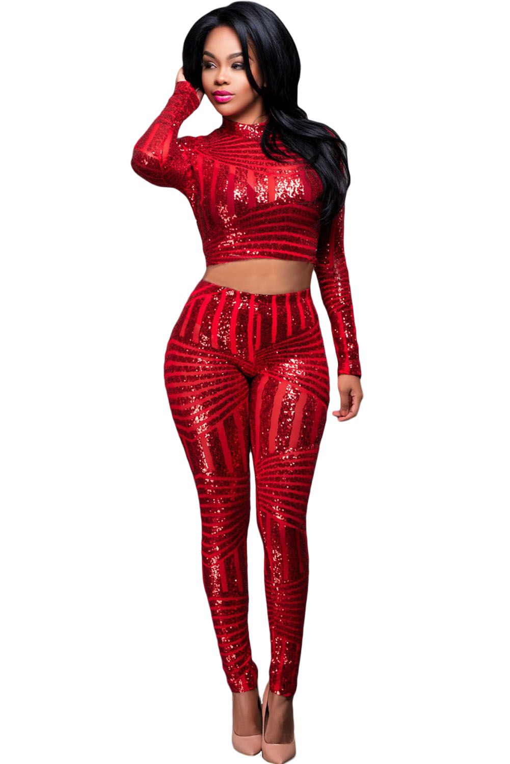 red sequin two piece set
