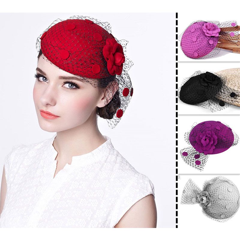 Womens Vintage Fascinator Wool Hair Rose Veil Cocktail Party Wedding Pillbox Hat 
