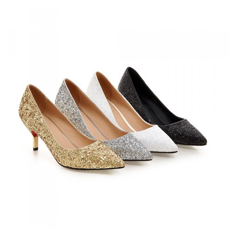 Spring Pointed Toe Women Shoes Comfortable Middle Heel Gold