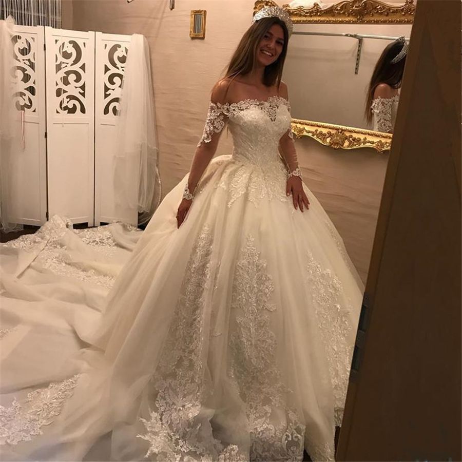 off the shoulder applique wedding dress