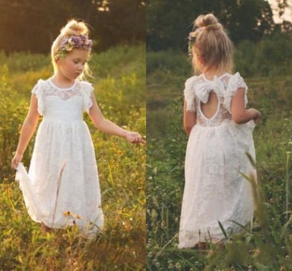 white bohemian flower girl dress