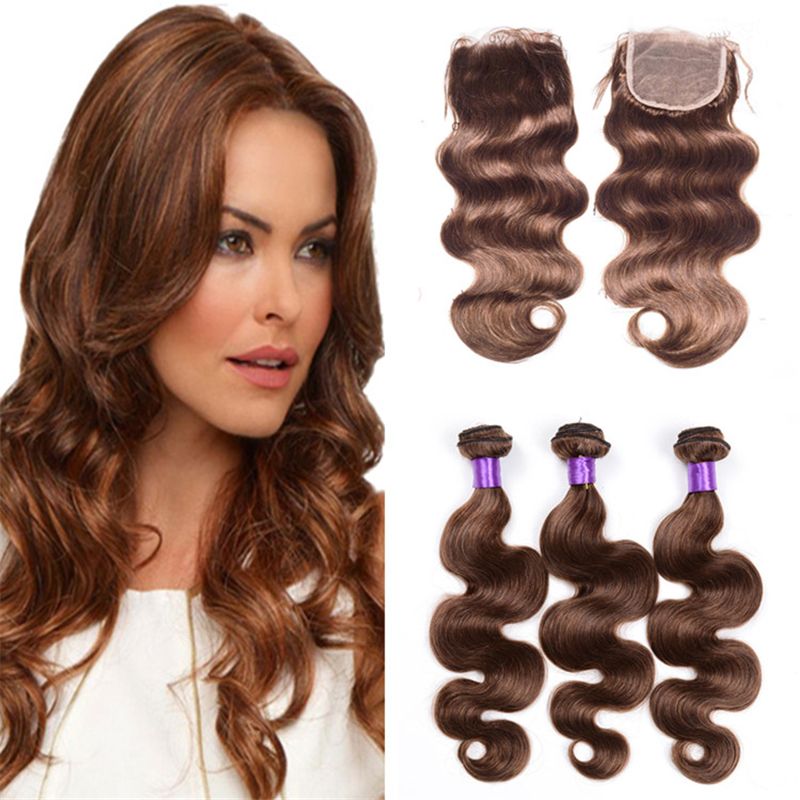 2019 Chocolate Brown Lace Closure With Hair Bundles Color 4 Medium Light Brown Body Wave Virgin Hair Weaves With Top Closure From Hotladyhair