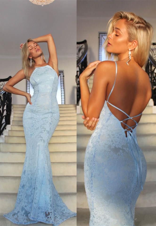 light blue open back prom dress