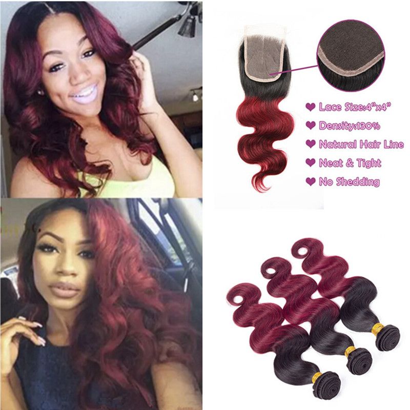 Dark Roots Burgundy Ombre Virgin Hair With Lace Closure Two Tone