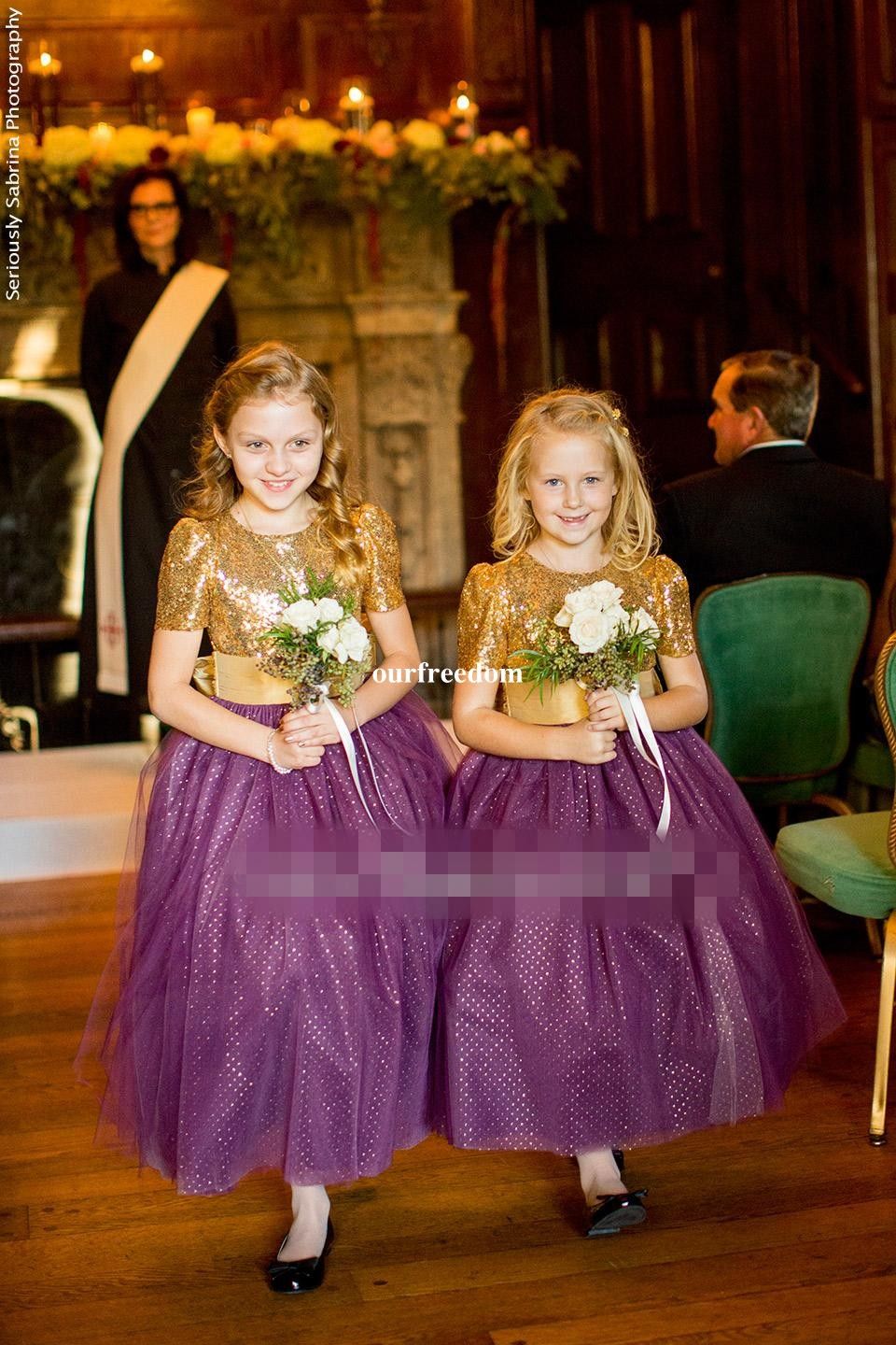 purple and gold flower girl dresses