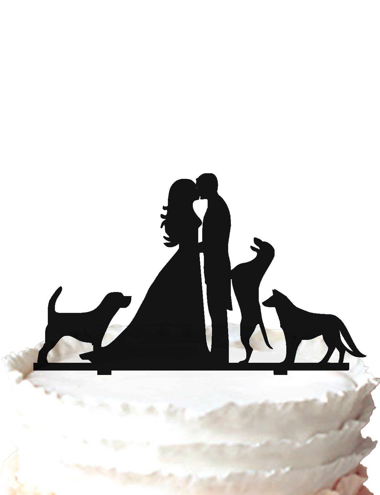 Meijiafei Wedding Cake Topper Groom and Bride Kissing with Three Dogs Silhouette Cake Topper