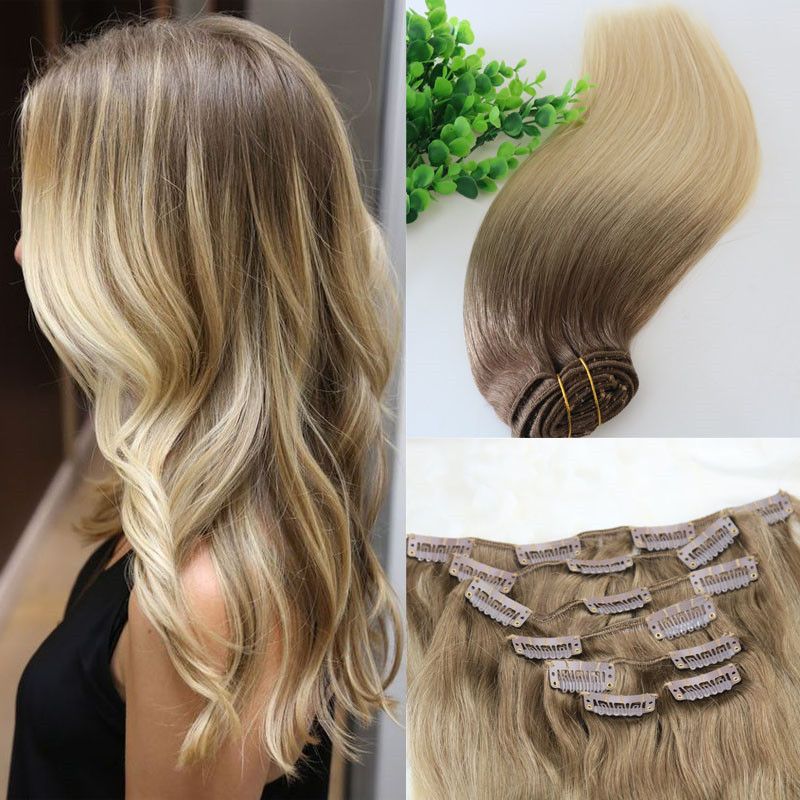 #8 #60 613# Full Head Clip In Human Hair Extensions Ombre Medium Brown  Ombre Hair Light Blonde Balayage Highlights 7PCS a lot 120gram