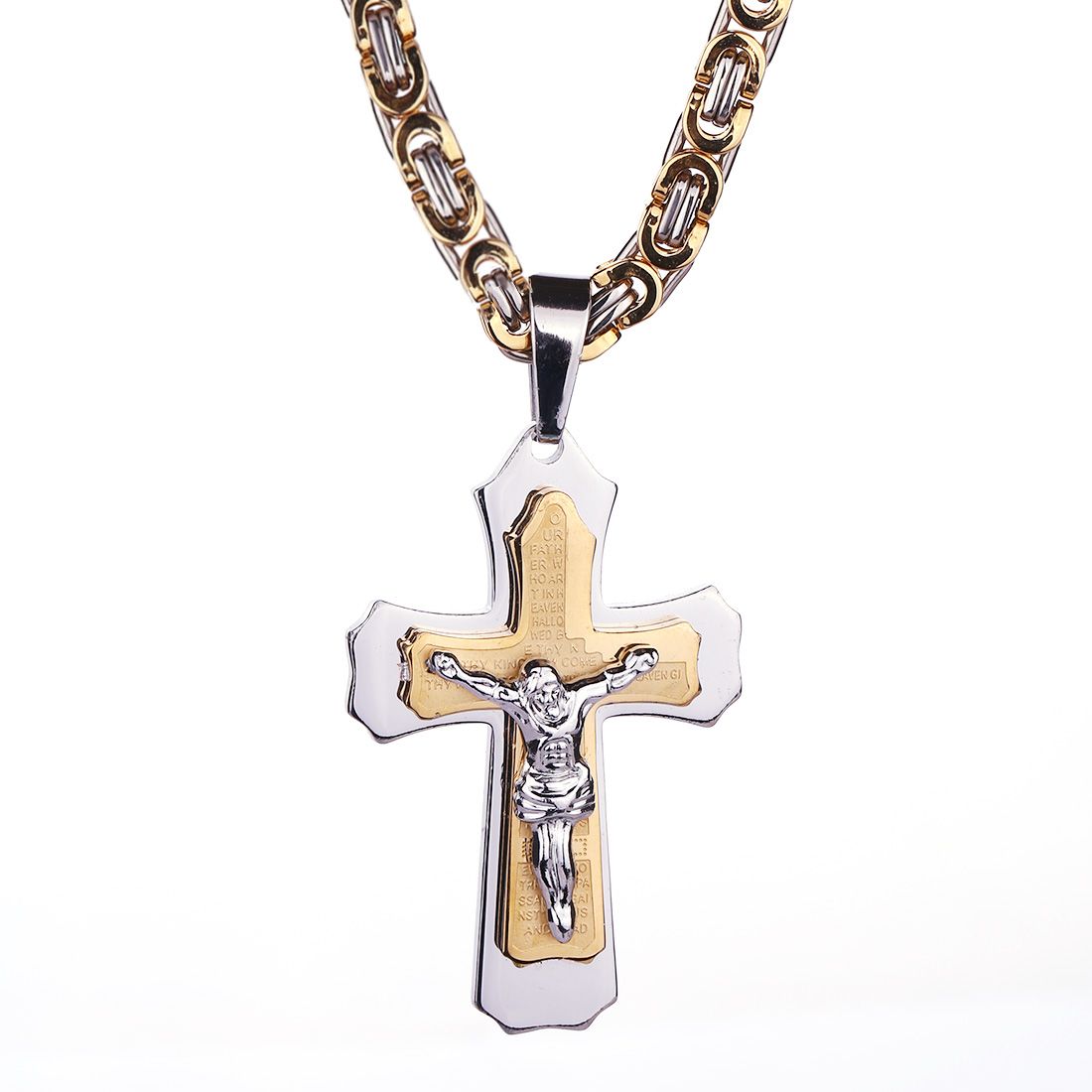 Gold Tone Cross Christ Jesus Pendant Necklace Stainless Steel Link Chain Heavy Men Jewelry Gift