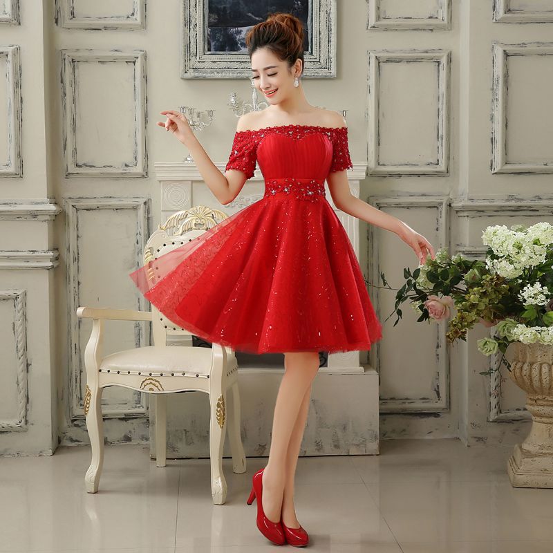 New Red Evening Dresses With Short Sleeve Elegant Girls Women Bride Gown Fashion Off The Shoulder Ball Prom Party Graduation Formal Dress From Orlandodress 52 67 Dhgate Com