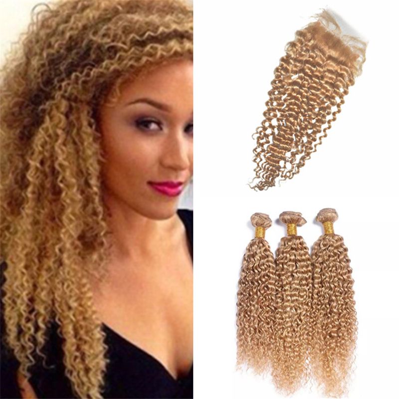 Color 27 Honey Blonde Kinky Curly Virgin Hair Bundles With Lace