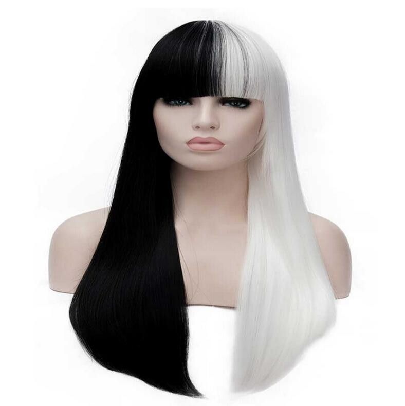 DELUXE CRUELLA DEVILLE WHITE & BLACK MID LENGTH FULL BOB COSTUME WIG 