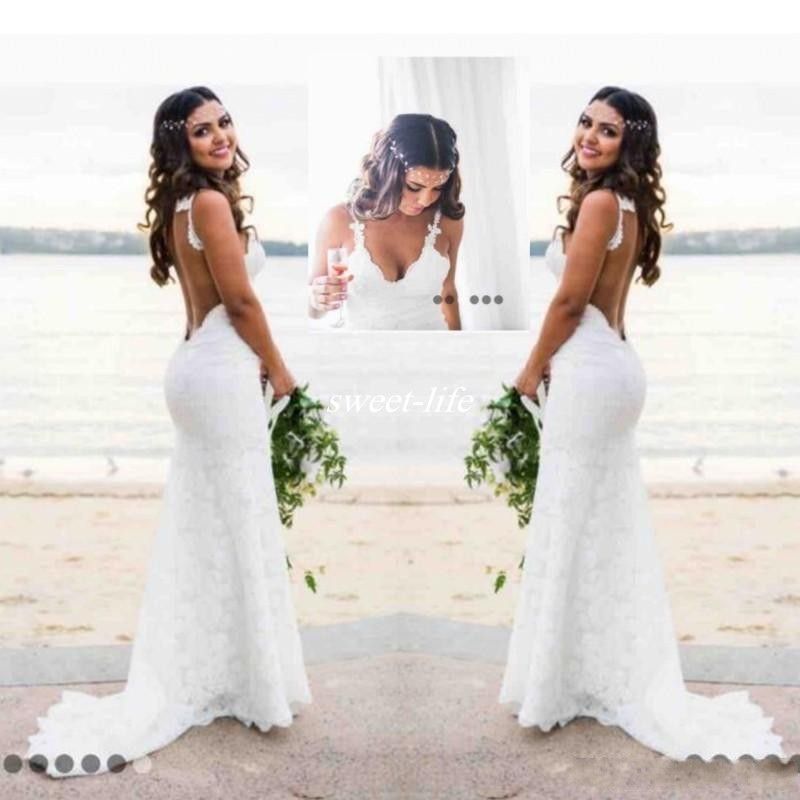 Sexy Lace Wedding Dresses Beach Style Count Train Deep V Neck Backless Wedding Dress Boho Cheap Handmade Mermaid Bridal Gowns Simple Wear Mature