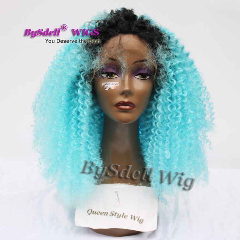 2018 Trendy Color Lake Blue Hair Wig With Black Roots Synthetic
