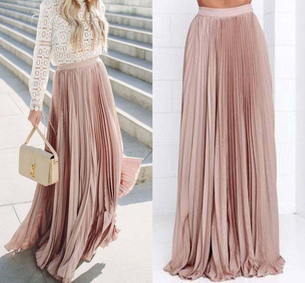 Stunning Pleated Maxi Blush Skirts For Women Fixed Waist Floor