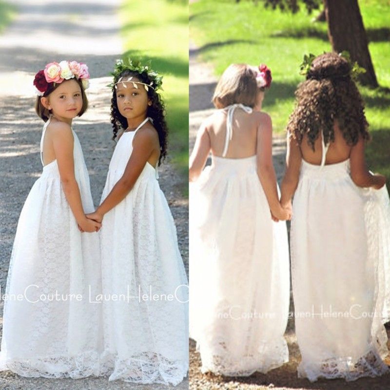 Boho Beach Halter Flower Girl Dresses 2019 White Ivory Lace Girls Kids ...