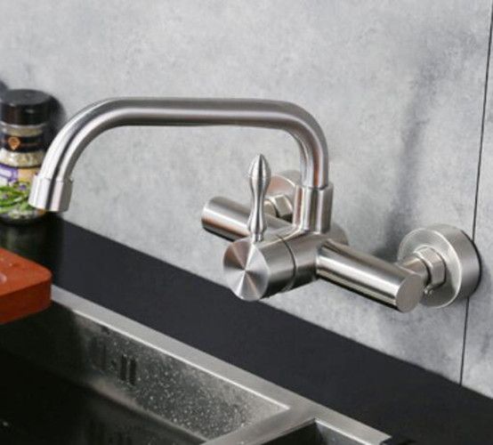Wall Mount Kitchen Sink Faucet hot cold mixer Swivel Spout Tap Stainless Steel