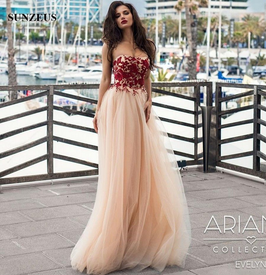 Vestidos de noche elegante sin tirantes de Champagne con vino rojo apliques Vestidos de encaje largo Vestidos de noche elegante sin tirantes de Champagne con vino rojo apliques Vestidos de encaje largo