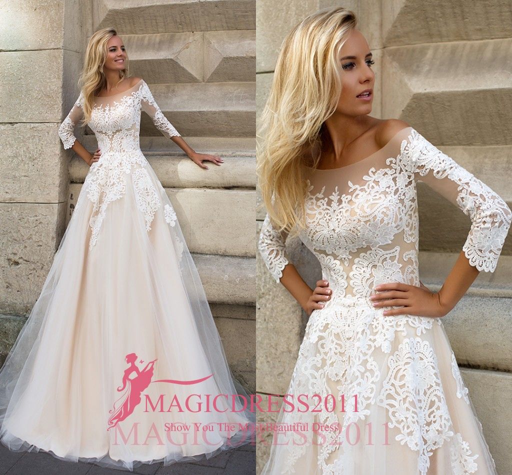 off the shoulder illusion wedding dress