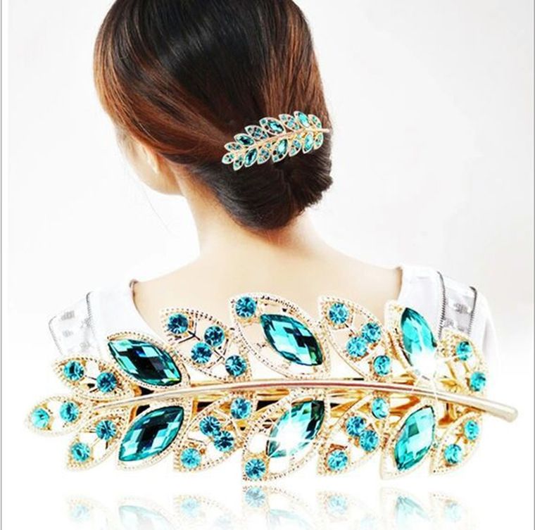 Women Girls Elegant Leaf Crystal Rhinestone Barrette Hairpin Hair Clip Jewelry O 