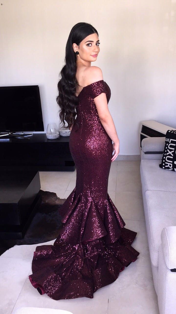 off the shoulder sequin prom dress