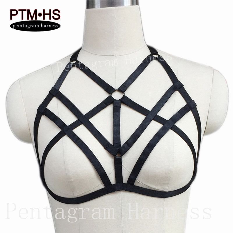 2021 Pentagram Harness Women Body Cage Halter Harness Bra Goth Black Elastic Adjus Bondage