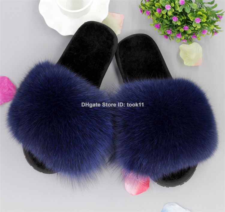 Fashion Women Girls Fox Fur Slippers Wool Fur Slides Indoor Outdoor Fuzzy Slippers Flat Heel ...
