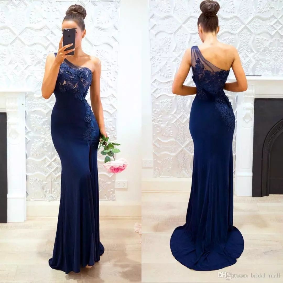 navy blue one shoulder bridesmaid dress