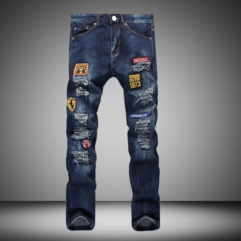 Wholesale Designer Patch Ripped Jeans 