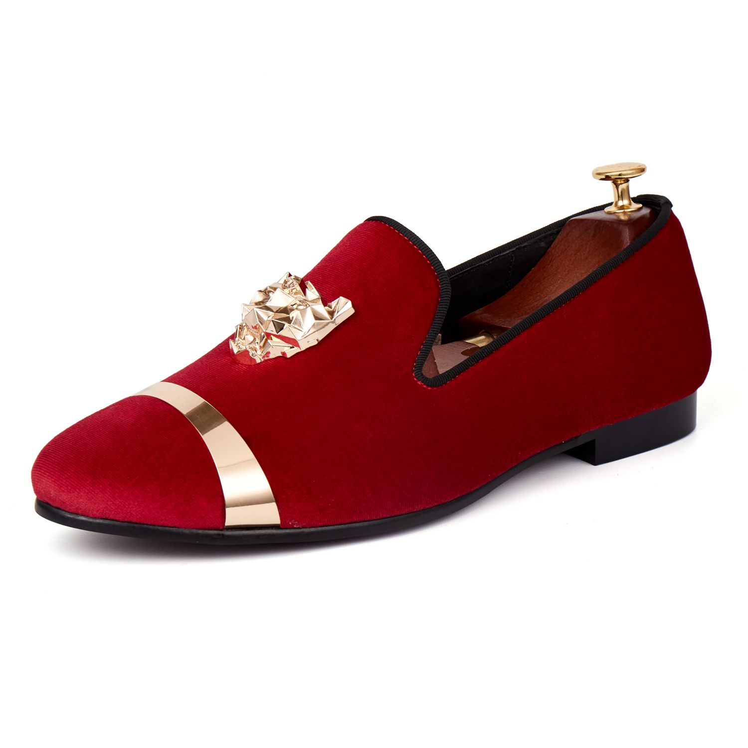 red and gold loafers