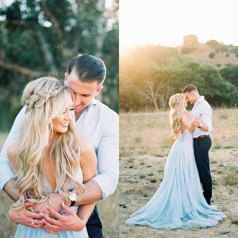 blue dress engagement photos