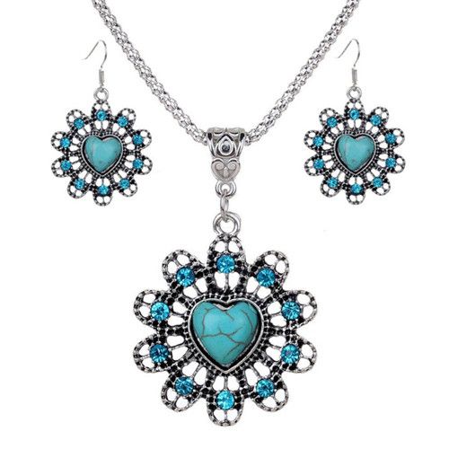Parure collier et boucles doreille de style vintage pour femme en turquoise reconstitu/ée rouge