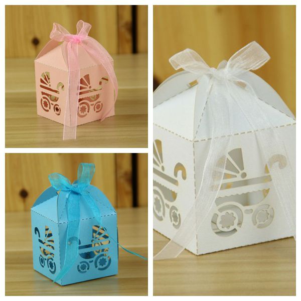 Laser Cut Carriage Gift Candy Favour Boxes For Baby Shower 3 Colours