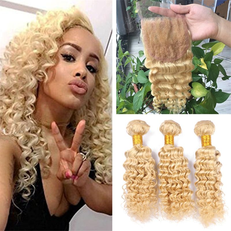 2019 Bleach Blonde Deep Wave Virgin Hair Weaves With Lace Closure