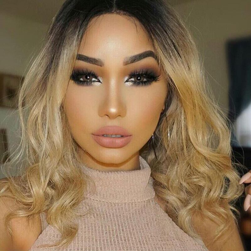 Grosshandel Naturliche Welle Ombre Blonde Synthetische Lace Front Perucke Bob Dark Root Ombre Kurze Perucke Glueless Hitzebestandige Baby Haar Fur